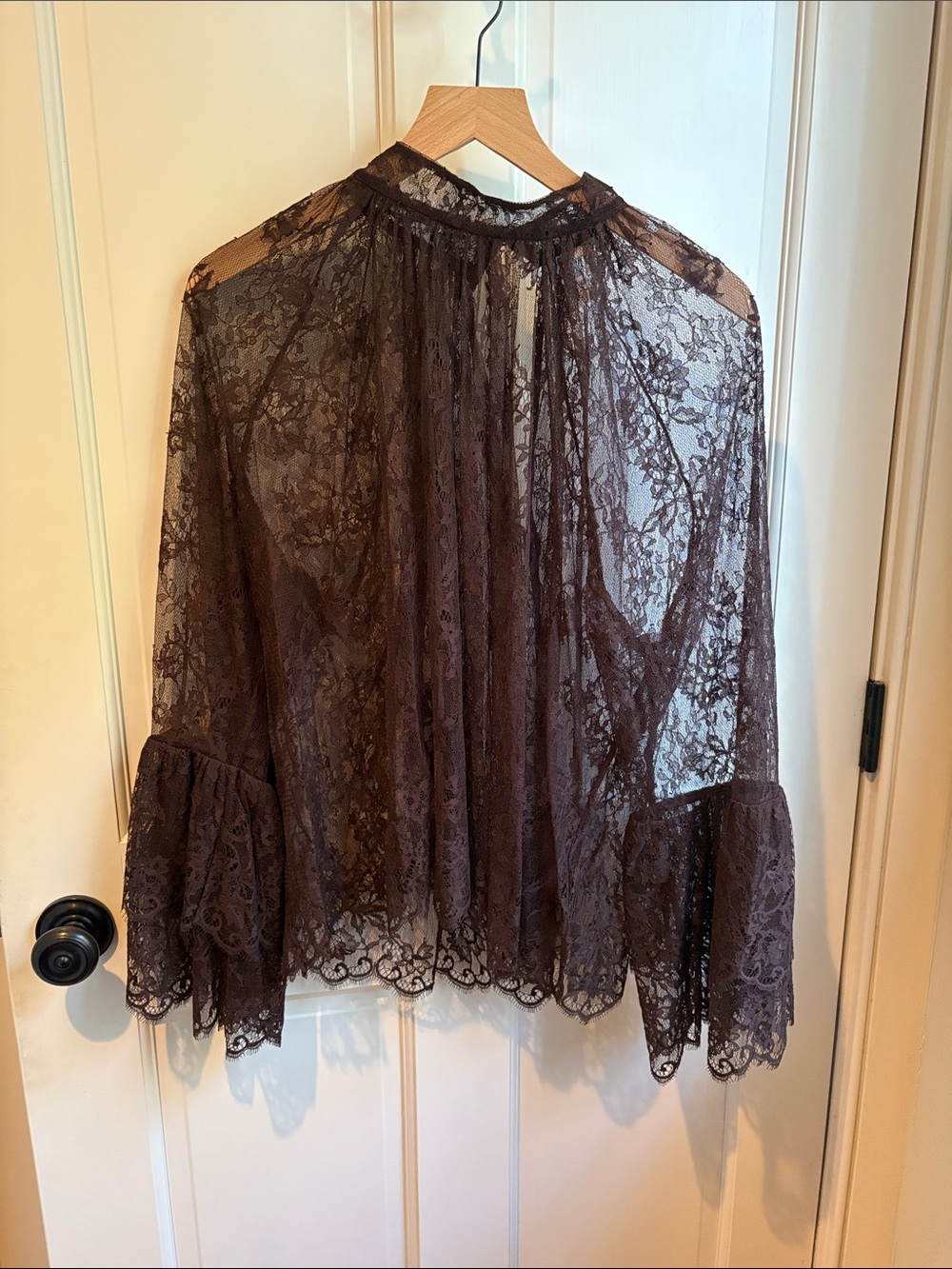 And Other Stories Sheer Lace Bell-Sleeve Women's Top in Chocolate Brown